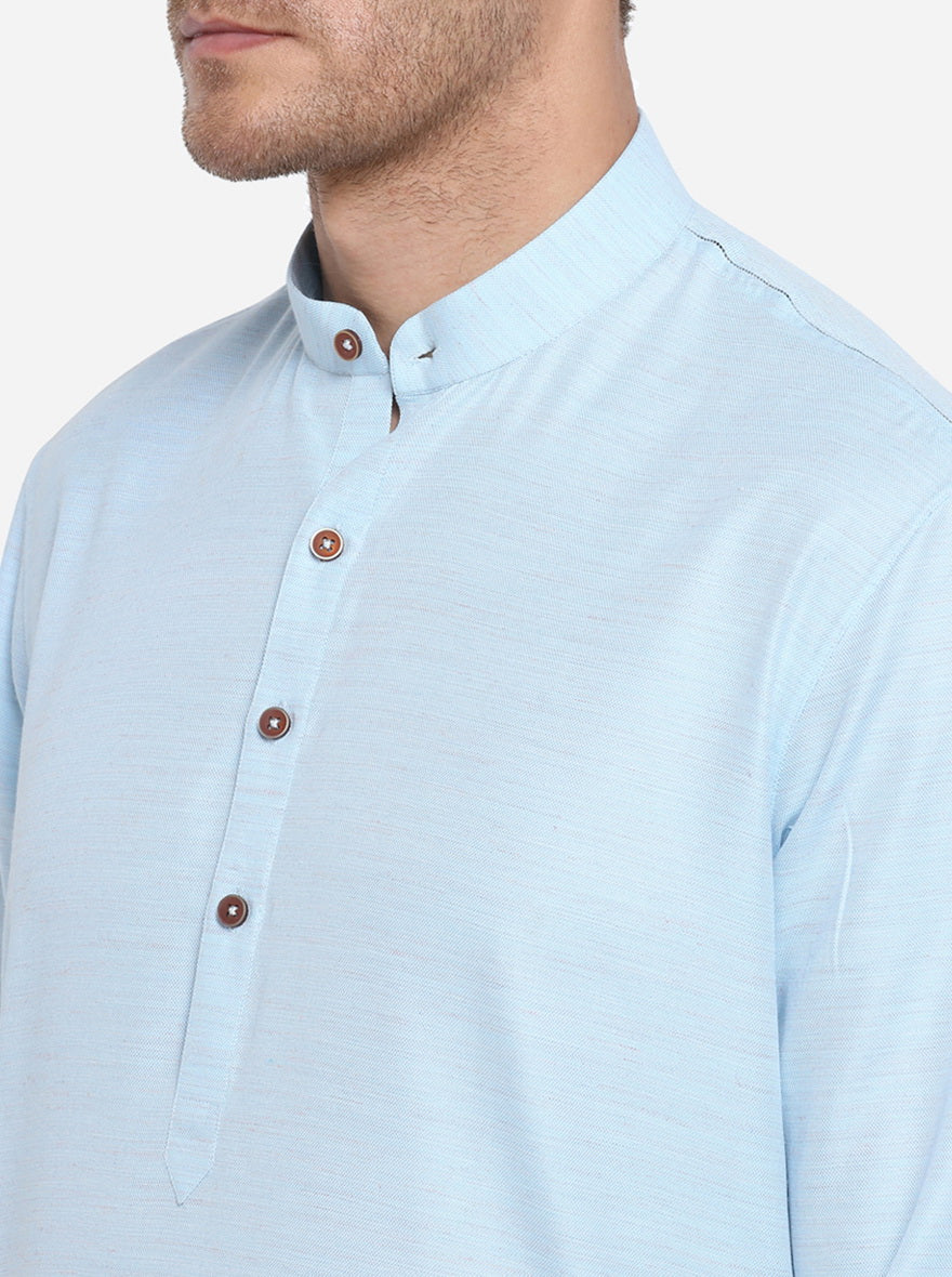 Ice Blue Self Design Regular Fit Modi Kurta | JadeBlue