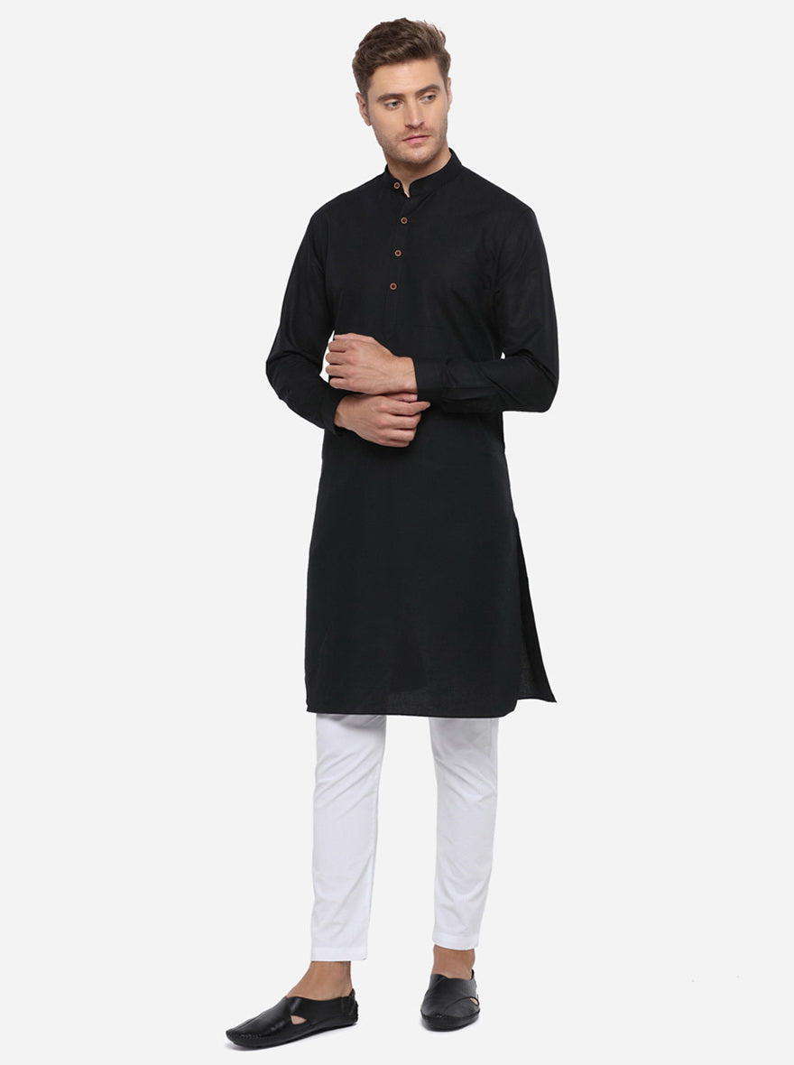 Black Self Design Regular Fit Modi Kurta | JadeBlue