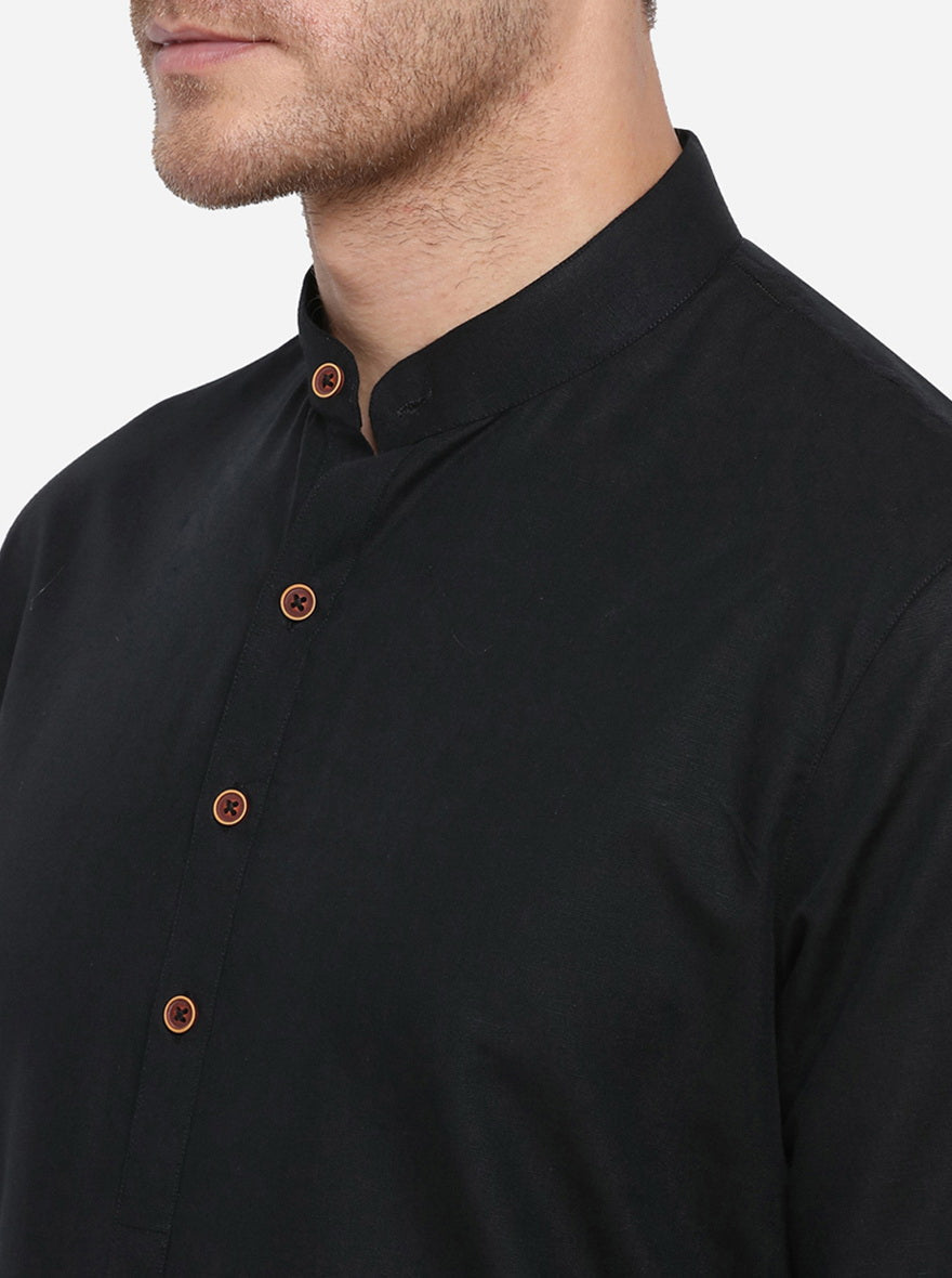 Black Self Design Regular Fit Modi Kurta | JadeBlue