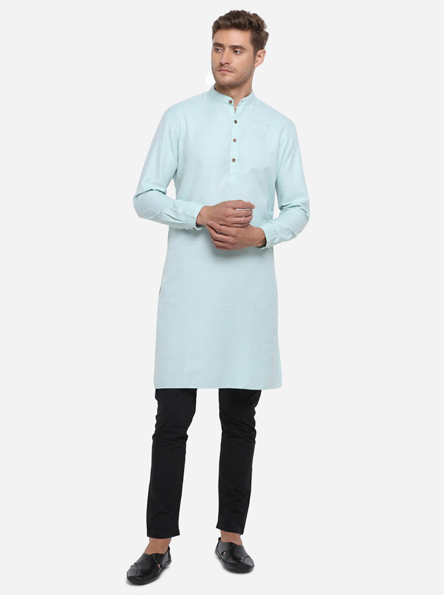 Light Blue Self Design Regular Fit Modi Kurta | JadeBlue