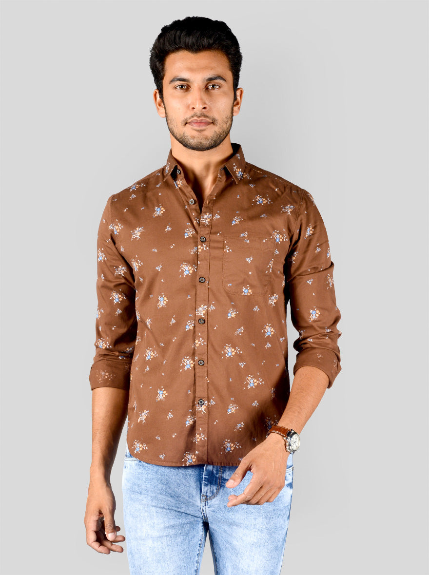 Patridge Brown Printed Slim Fit Casual Shirt | Greenfibre