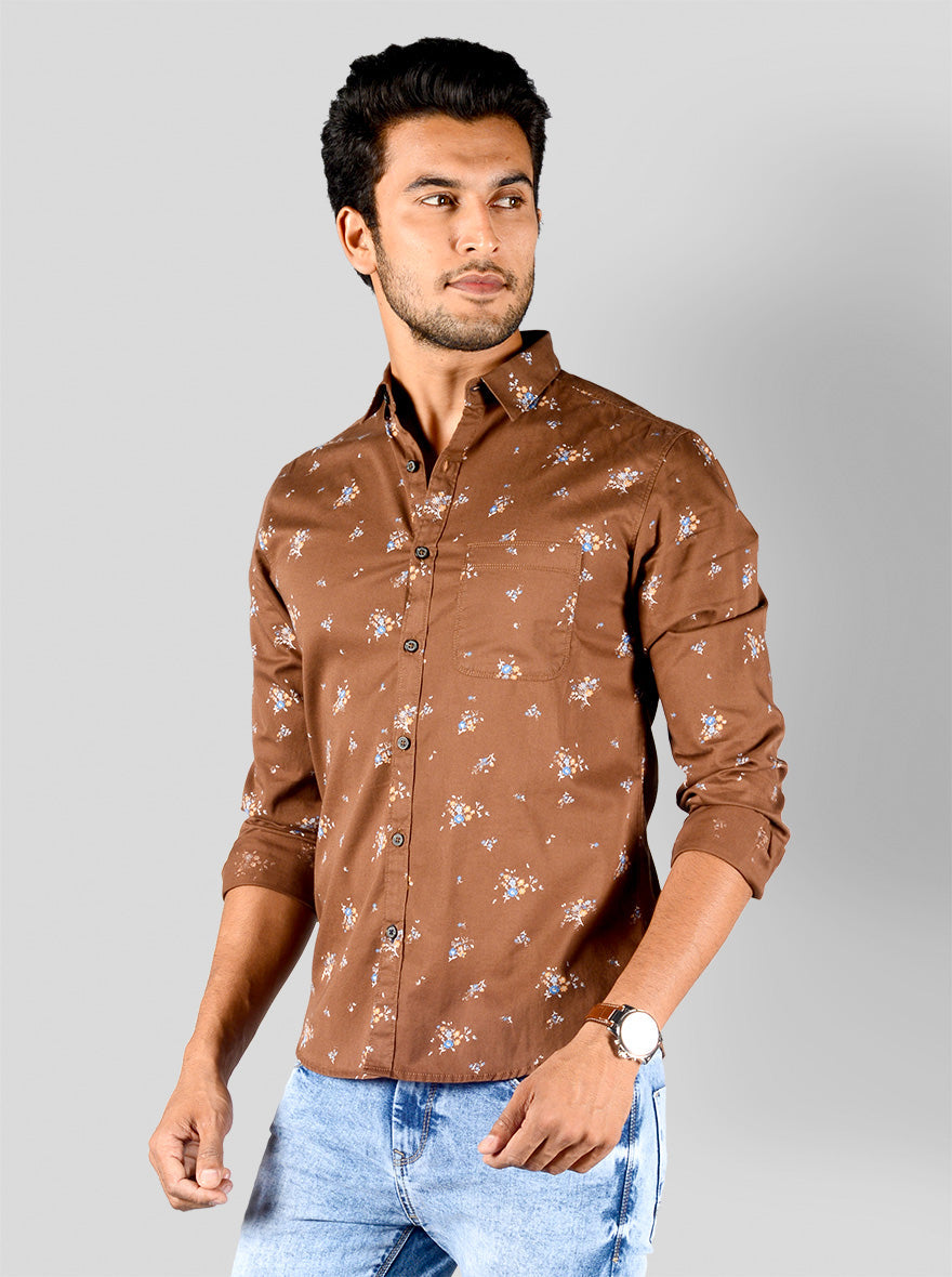 Patridge Brown Printed Slim Fit Casual Shirt | Greenfibre