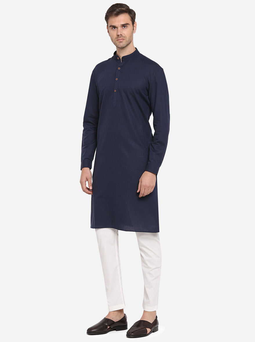 Teal Blue Self Design Regular Fit Modi Kurta | JadeBlue