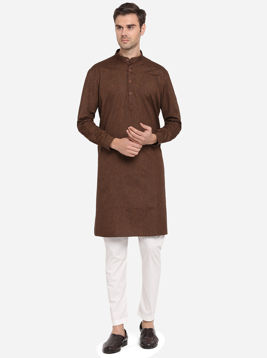 Coffee Brown Self Design Regular Fit Modi Kurta | JadeBlue