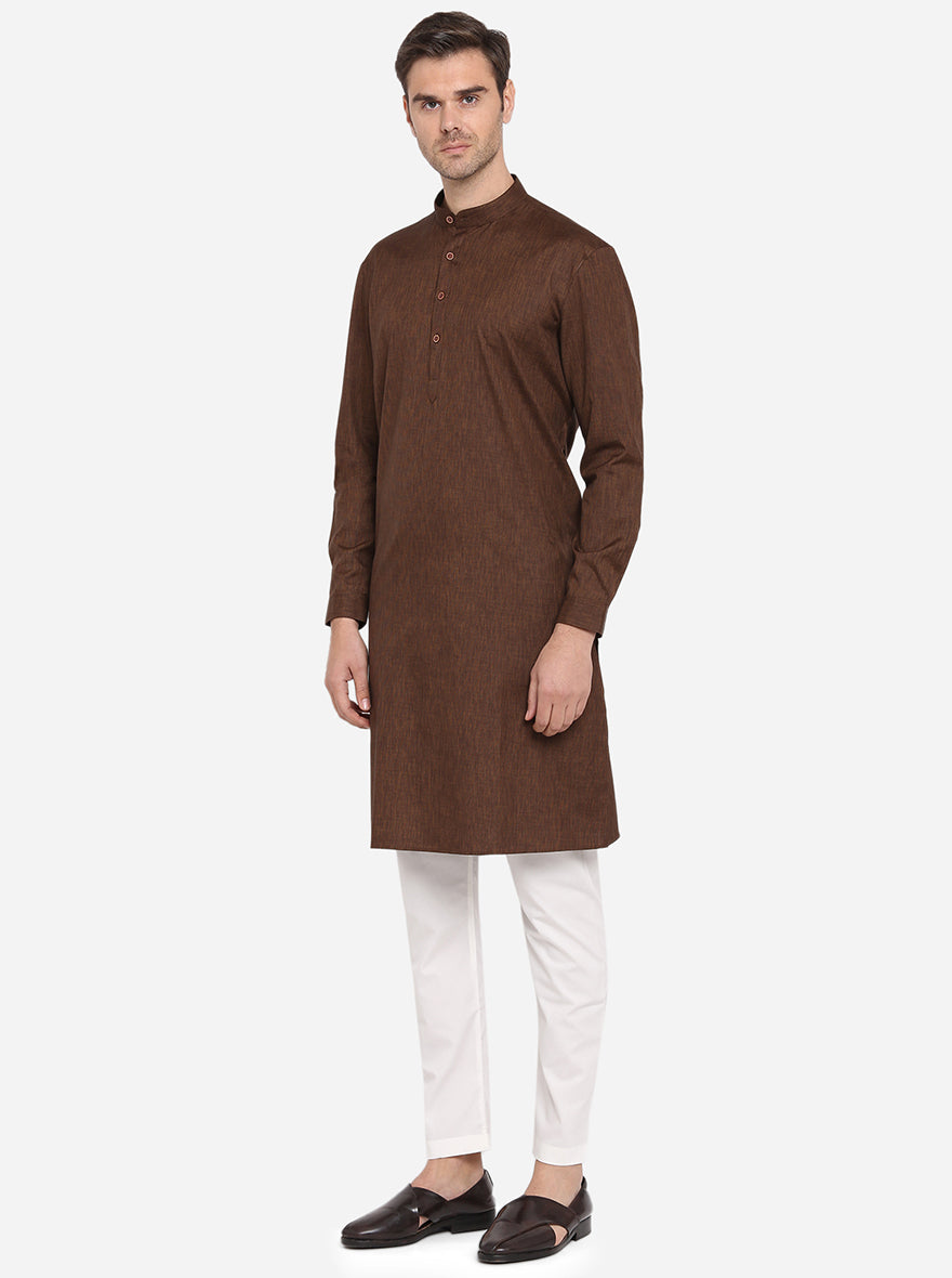 Coffee Brown Self Design Regular Fit Modi Kurta | JadeBlue