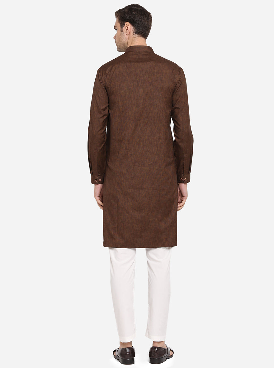 Coffee Brown Self Design Regular Fit Modi Kurta | JadeBlue