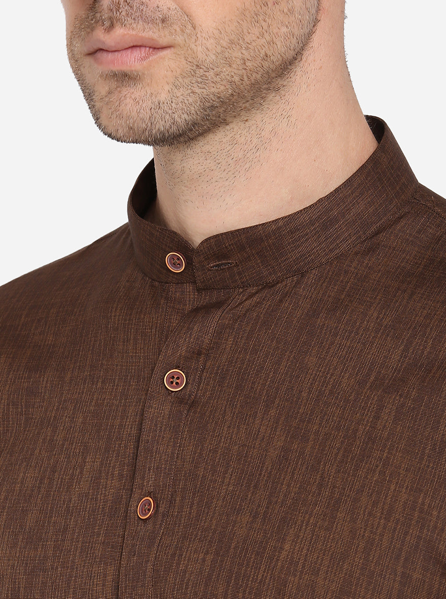 Coffee Brown Self Design Regular Fit Modi Kurta | JadeBlue