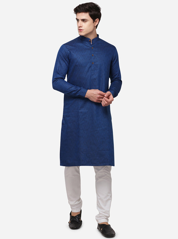 Dark Blue Self Textured Regular Fit Modi Kurta | JadeBlue