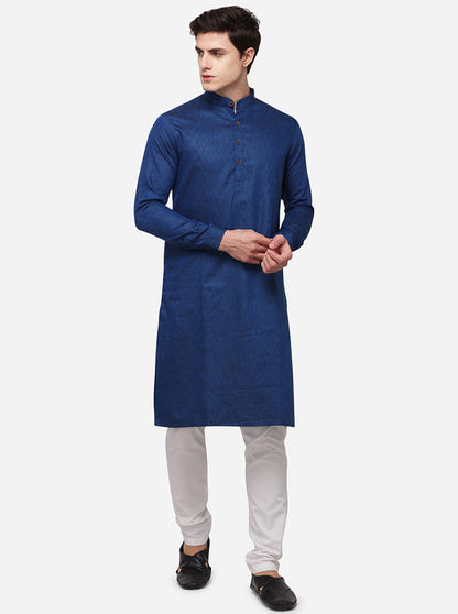Dark Blue Self Textured Regular Fit Modi Kurta | JadeBlue