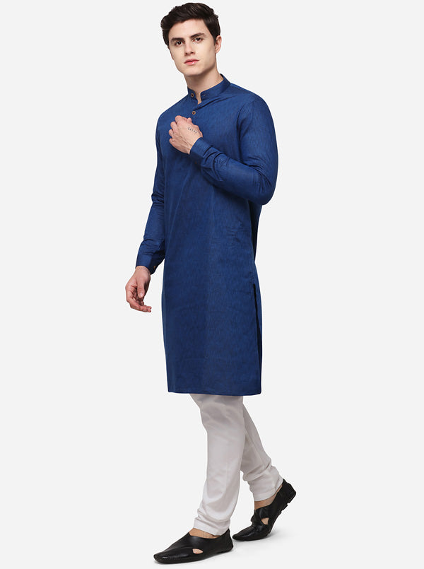 Dark Blue Self Textured Regular Fit Modi Kurta | JadeBlue