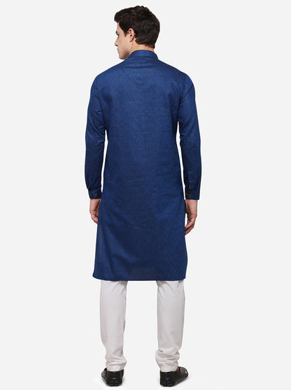 Dark Blue Self Textured Regular Fit Modi Kurta | JadeBlue