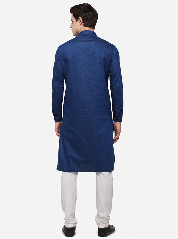 Dark Blue Self Textured Regular Fit Modi Kurta | JadeBlue