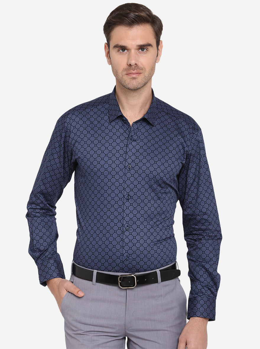 Navy Blue Printed Slim Fit Party Wear Shirt | JB Studio