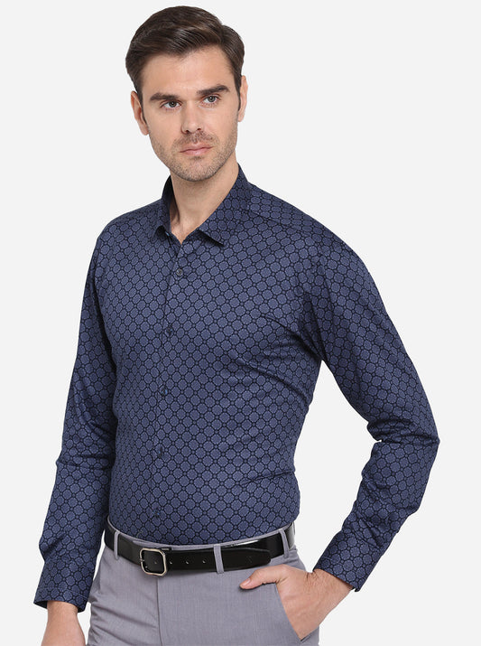 Navy Blue Printed Slim Fit Party Wear Shirt | JB Studio