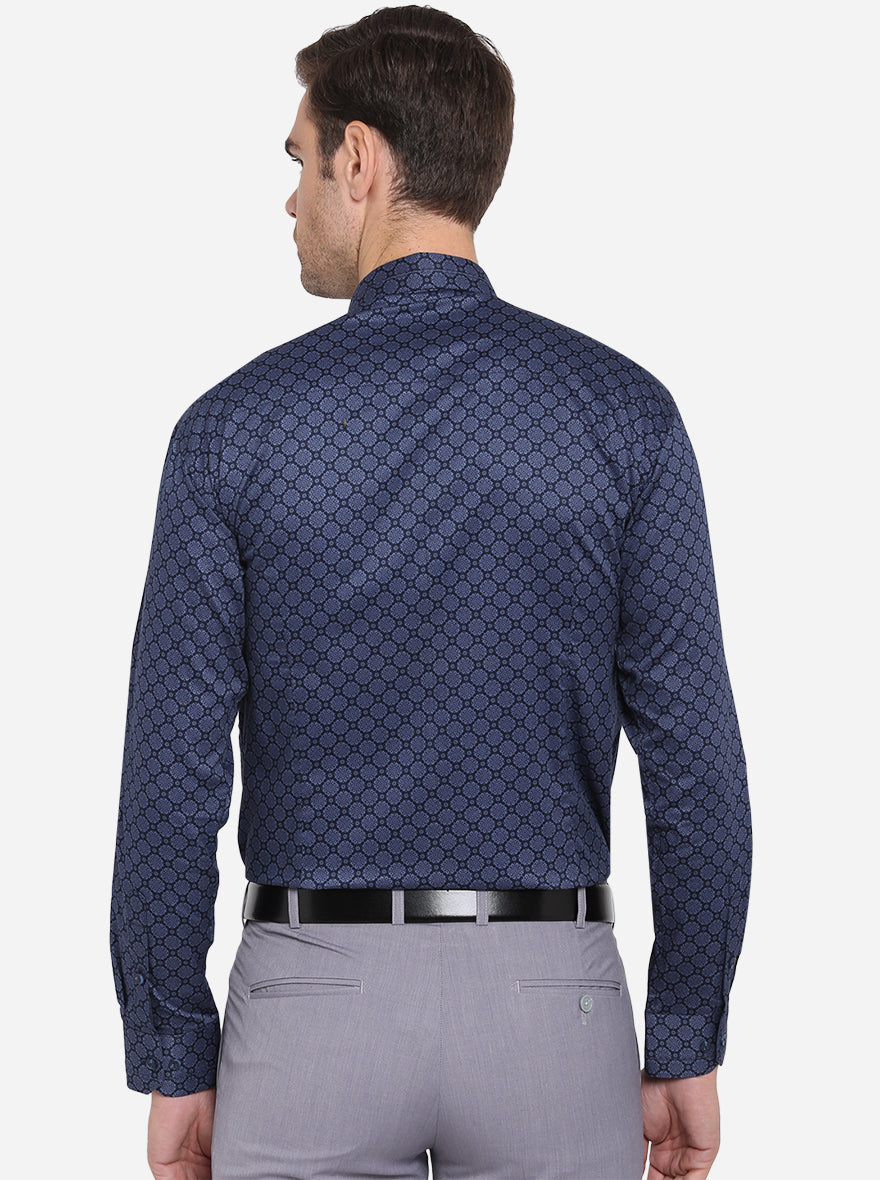 Navy Blue Printed Slim Fit Party Wear Shirt | JB Studio