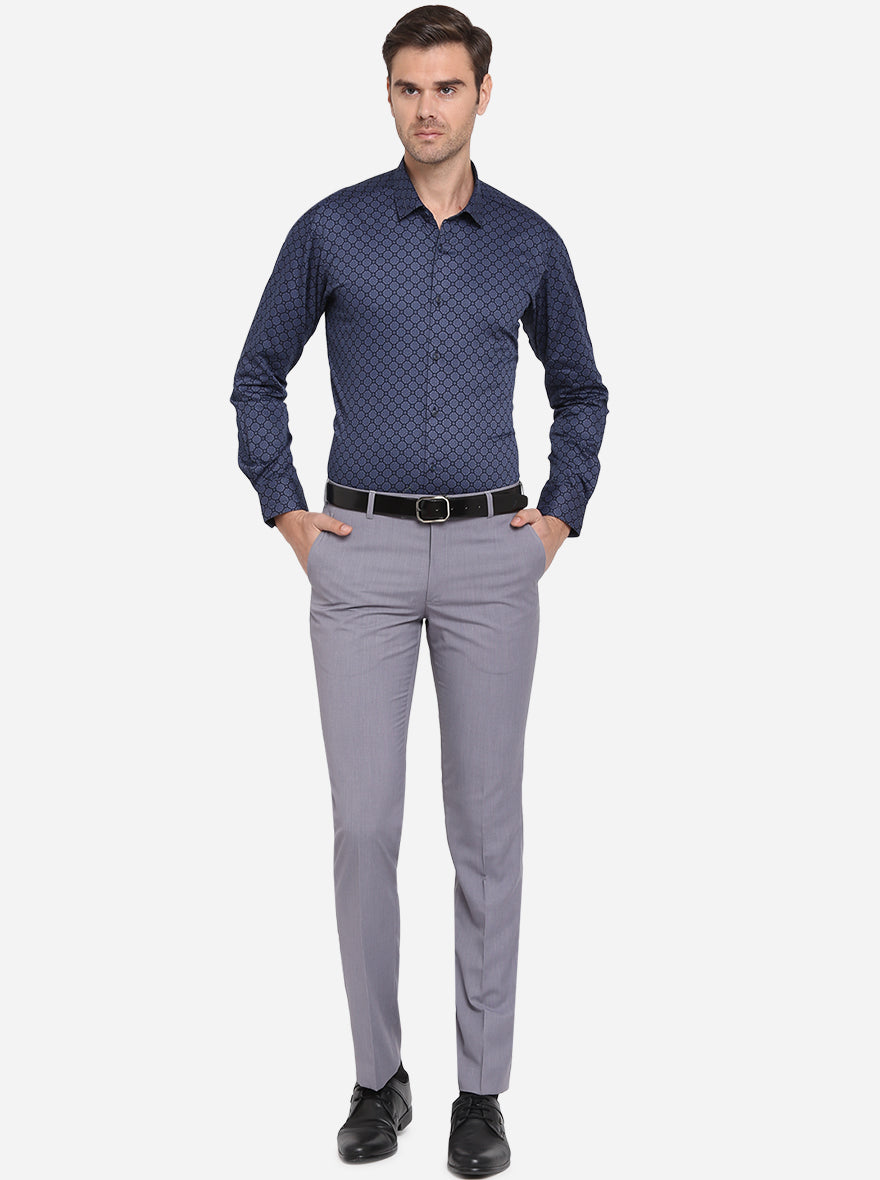 Navy Blue Printed Slim Fit Party Wear Shirt | JB Studio