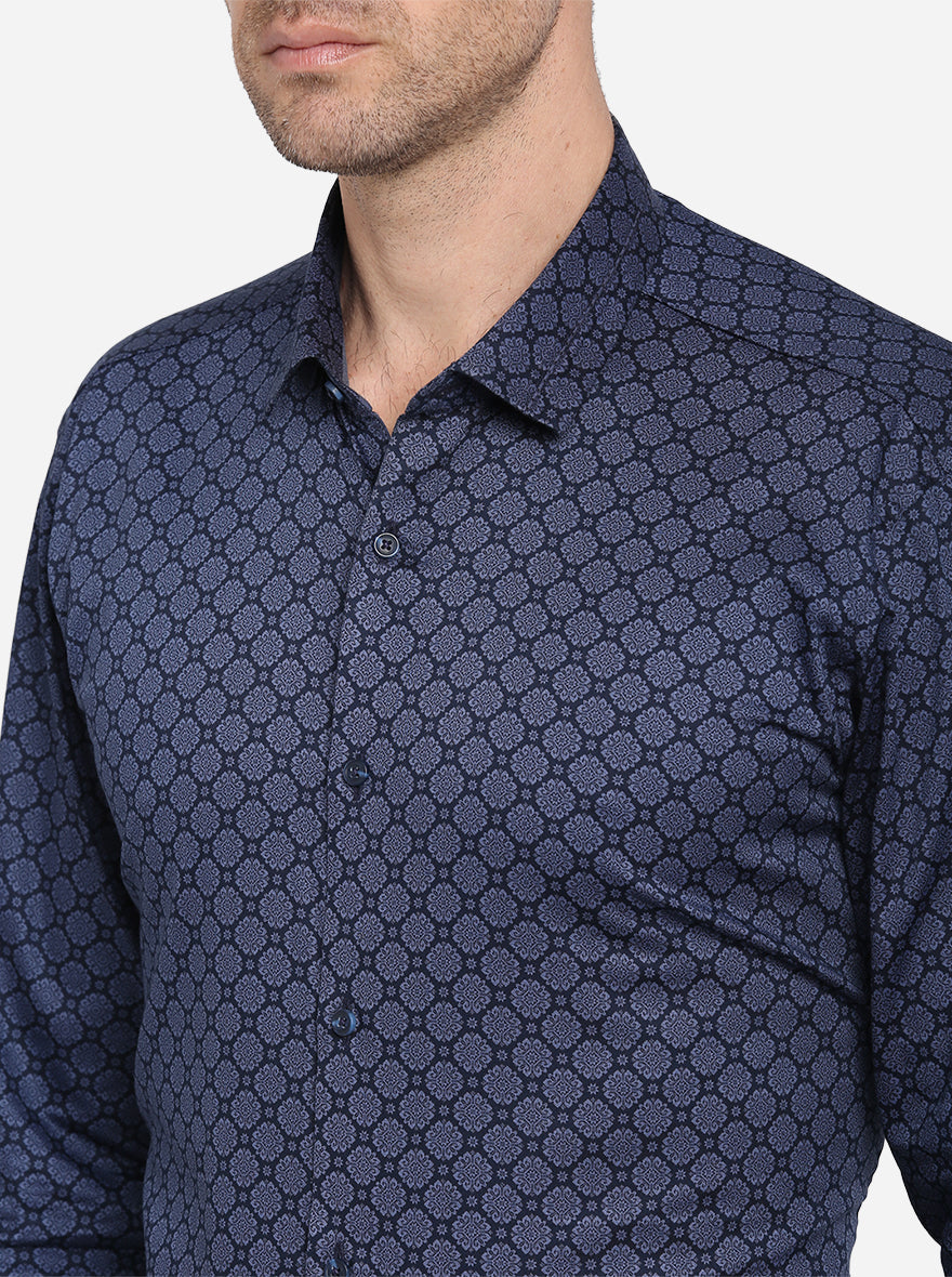 Navy Blue Printed Slim Fit Party Wear Shirt | JB Studio