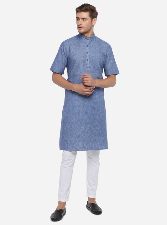 Blue Self Design Regular Fit Modi Kurta | JadeBlue