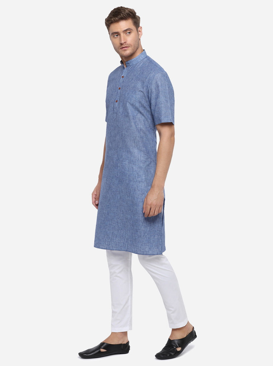 Blue Self Design Regular Fit Modi Kurta | JadeBlue