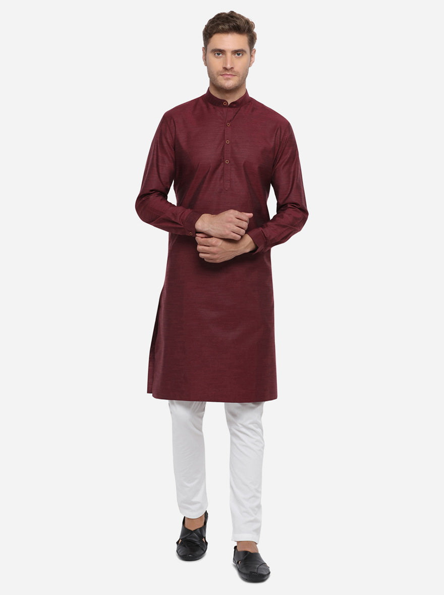 Maroon Self Design Regular Fit Modi Kurta | JadeBlue