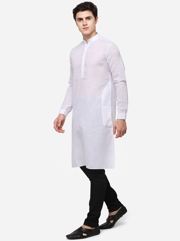 White Self Textured Regular Fit Modi Kurta | JadeBlue