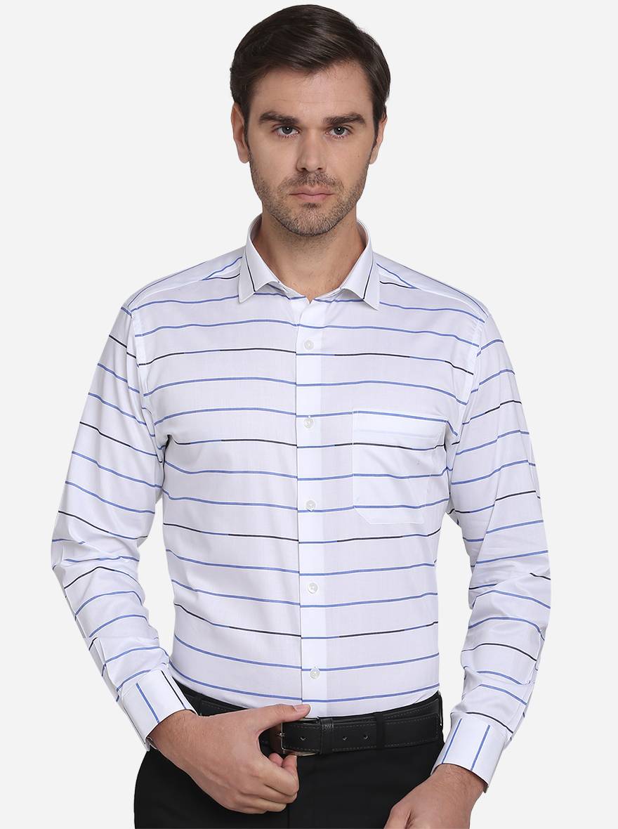 White & Blue Striped Slim Fit Formal Shirt  | Metal