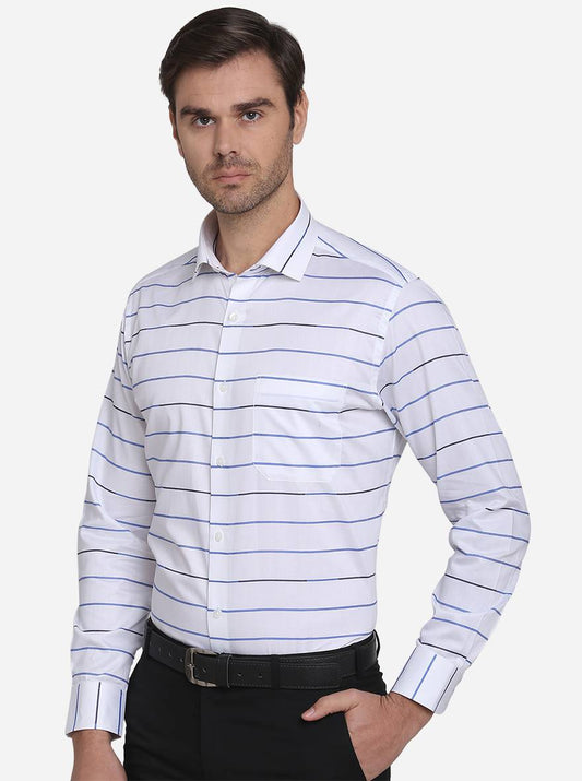 White & Blue Striped Slim Fit Formal Shirt  | Metal