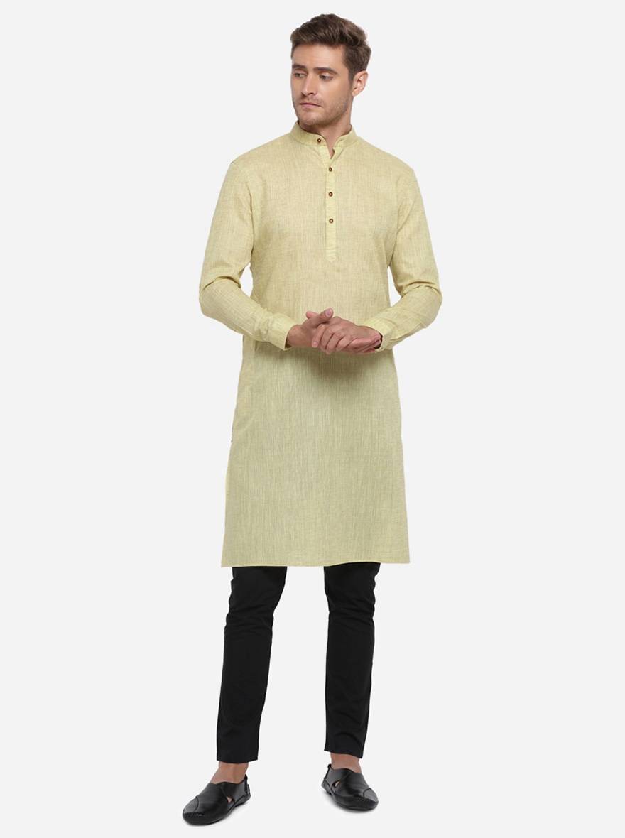 Light Yellow Self Design Regular Fit Modi Kurta | JadeBlue