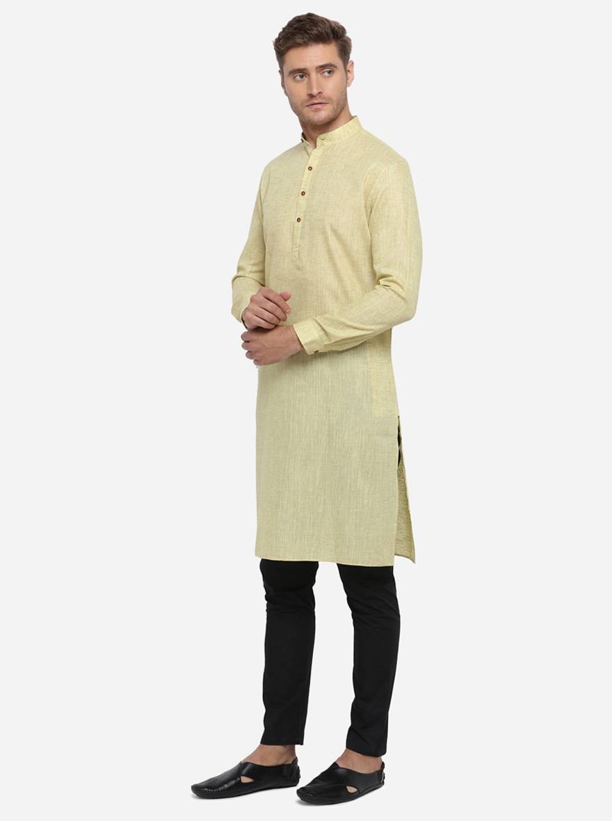 Light Yellow Self Design Regular Fit Modi Kurta | JadeBlue