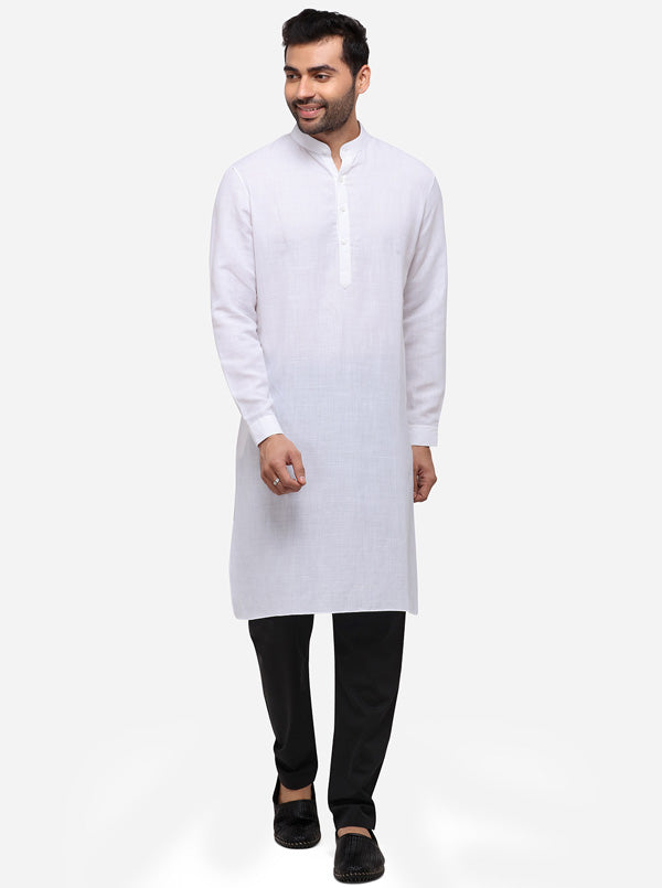 White Self Textured Regular Fit Modi Kurta | JadeBlue