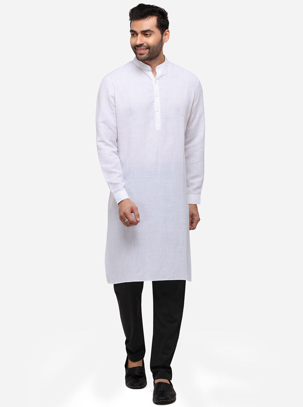 White Self Textured Regular Fit Modi Kurta | JadeBlue