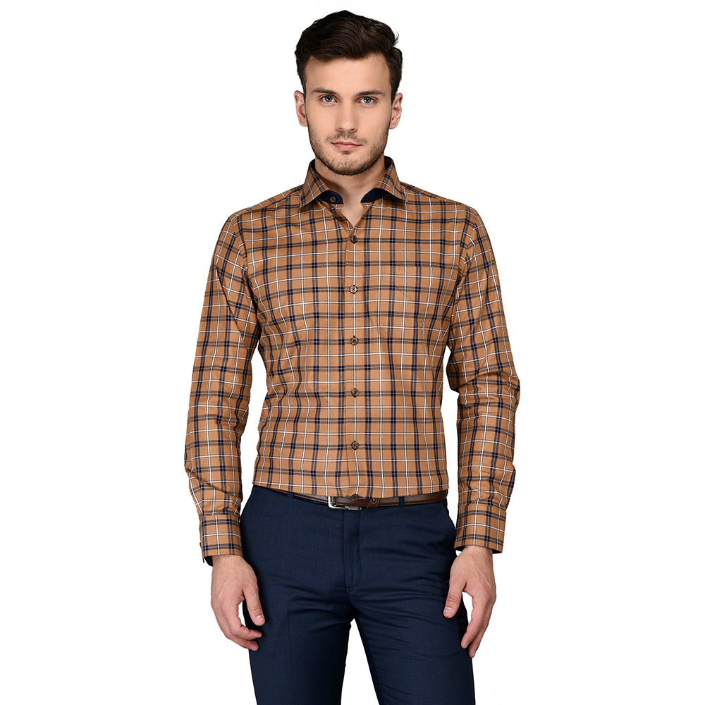 JadeBlue Brown Checked Slim Fit Formal Shirt