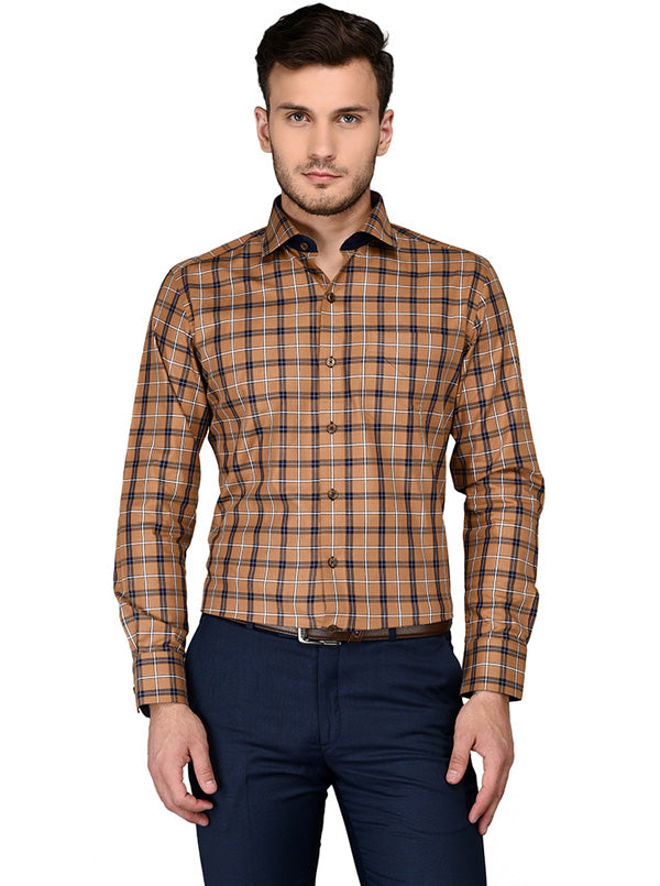 JadeBlue Brown Checked Slim Fit Formal Shirt