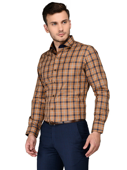 JadeBlue Brown Checked Slim Fit Formal Shirt