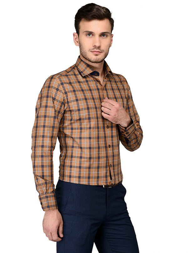 JadeBlue Brown Checked Slim Fit Formal Shirt