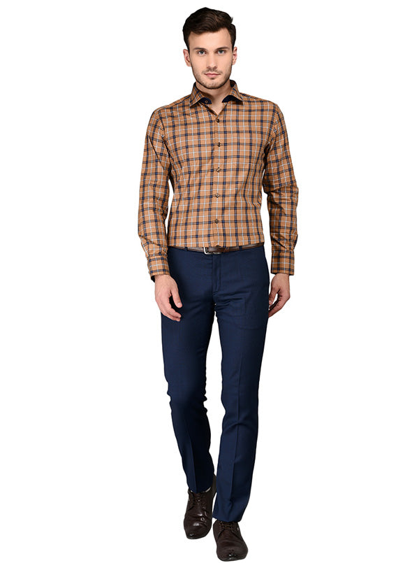 JadeBlue Brown Checked Slim Fit Formal Shirt