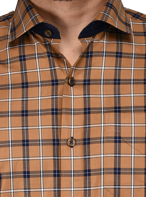 JadeBlue Brown Checked Slim Fit Formal Shirt