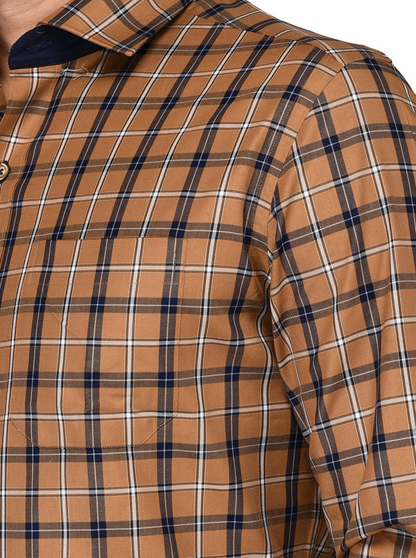 JadeBlue Brown Checked Slim Fit Formal Shirt