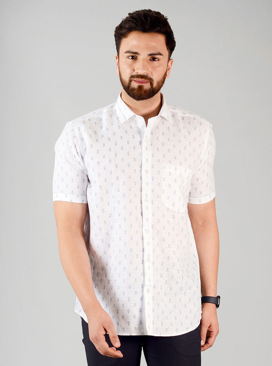 White & Blue Printed Slim Fit Party Wear Shirt | JB Studio