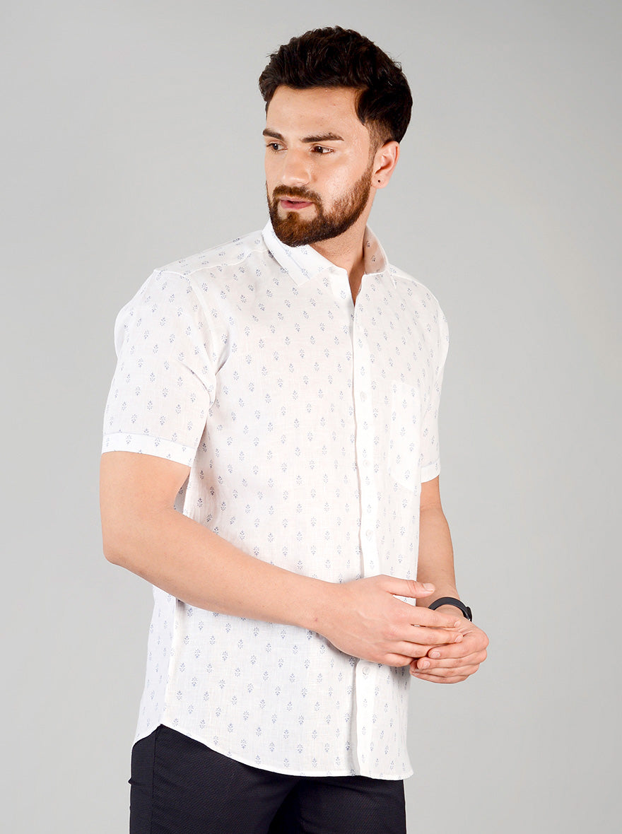 White & Blue Printed Slim Fit Party Wear Shirt | JB Studio