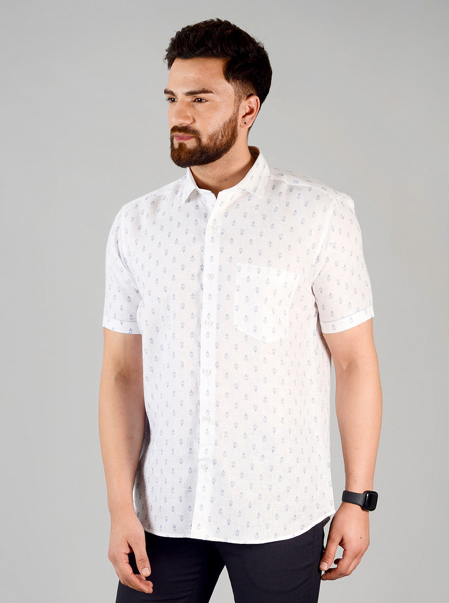 White & Blue Printed Slim Fit Party Wear Shirt | JB Studio