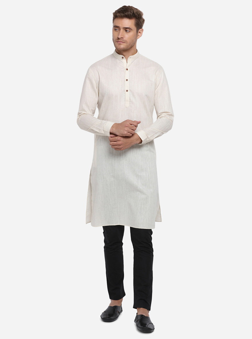 Light Beige Self Design Regular Fit Modi Kurta | JadeBlue