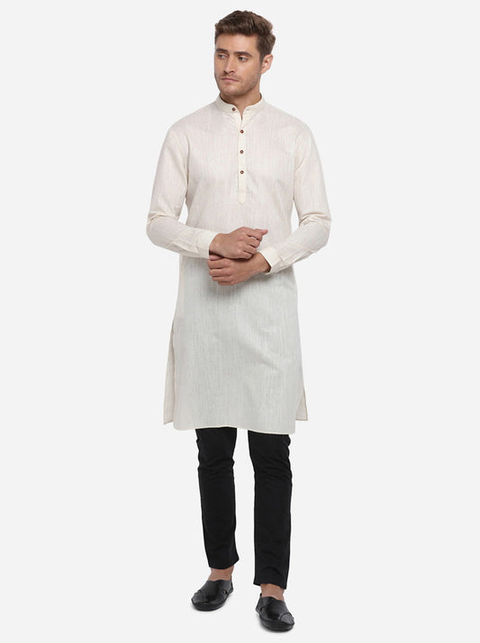 Light Beige Self Design Regular Fit Modi Kurta | JadeBlue