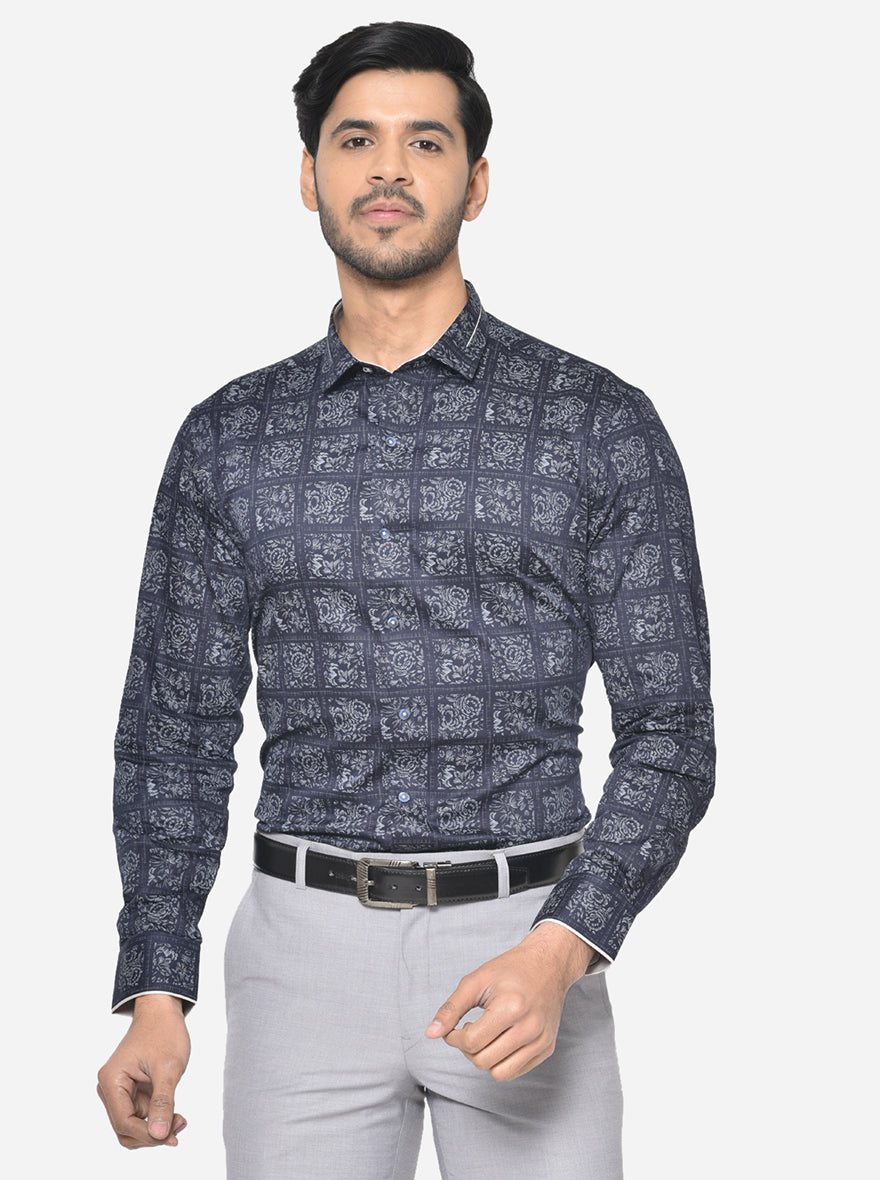 Navy Blue & Grey Printed Slim Fit Party Wear Shirt | JB Studio