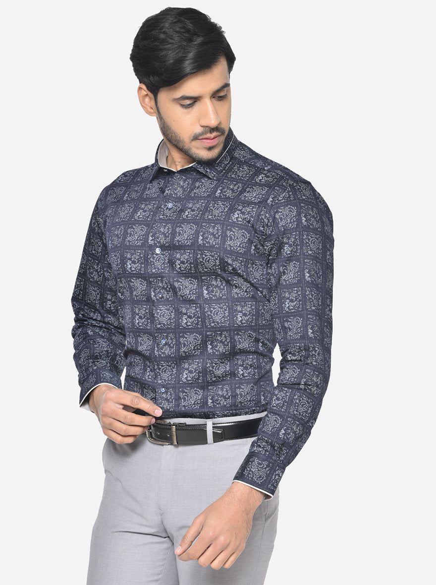 Navy Blue & Grey Printed Slim Fit Party Wear Shirt | JB Studio