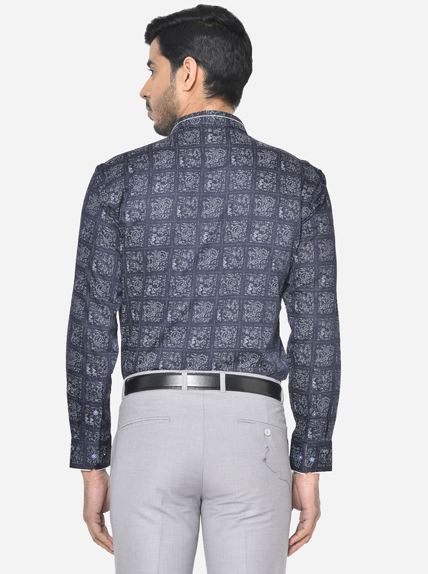 Navy Blue & Grey Printed Slim Fit Party Wear Shirt | JB Studio