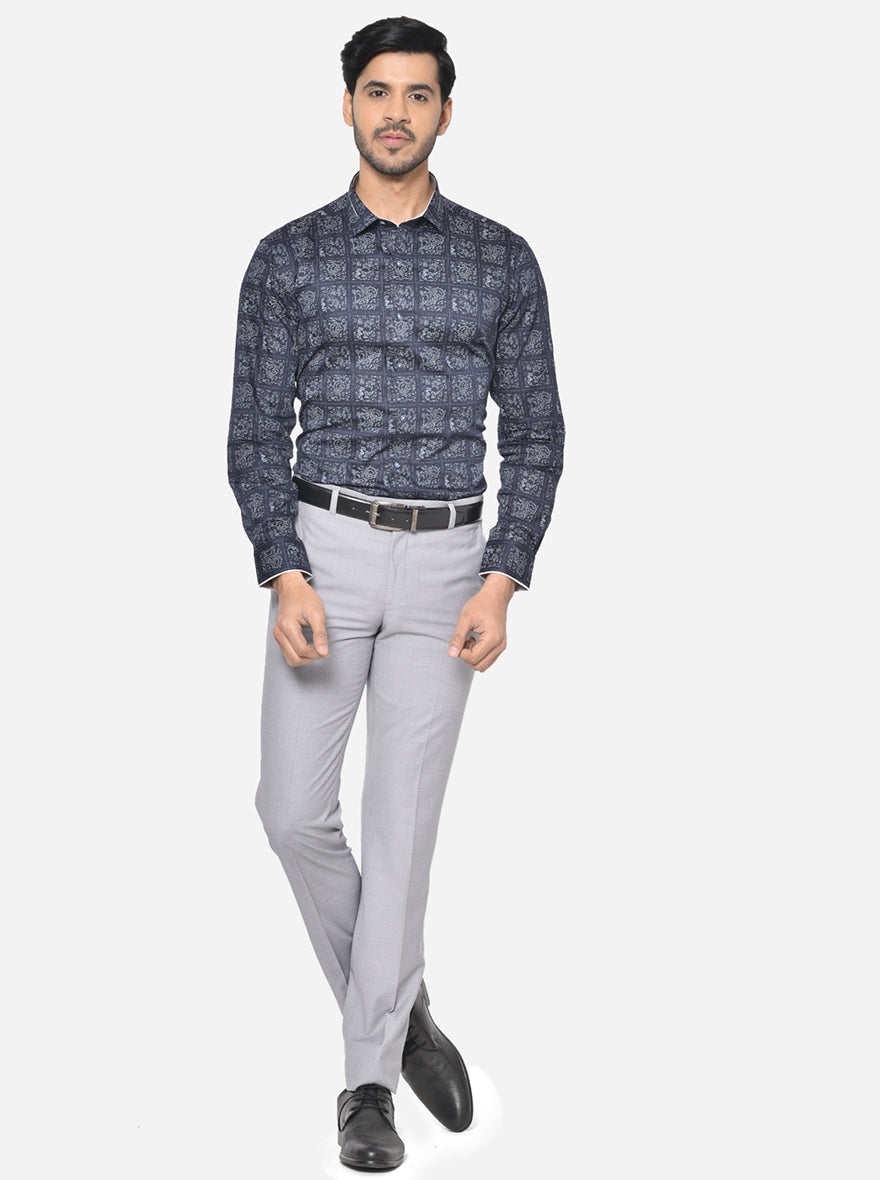 Navy Blue & Grey Printed Slim Fit Party Wear Shirt | JB Studio