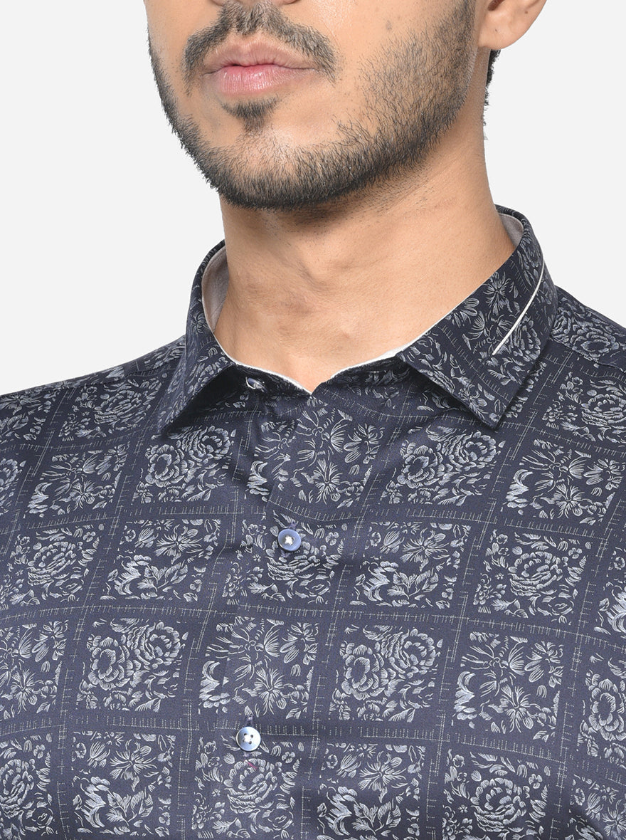 Navy Blue & Grey Printed Slim Fit Party Wear Shirt | JB Studio