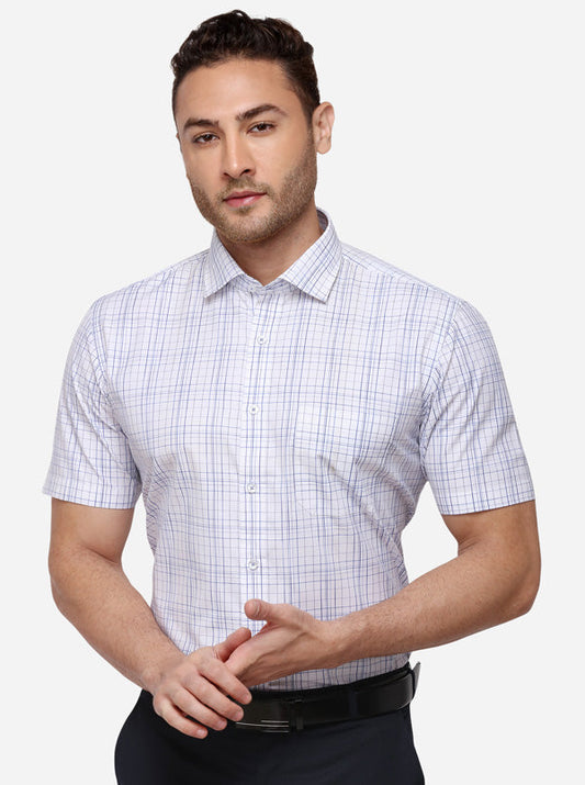 White & Blue Checked Regular Fit Formal Shirt | Greenfibre