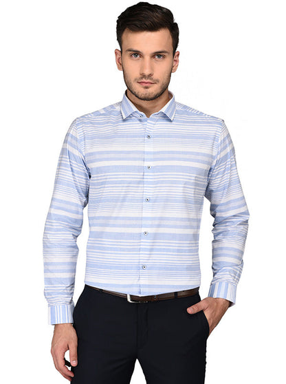Greenfibre White & Blue Striped Slim Fit Formal Shirt
